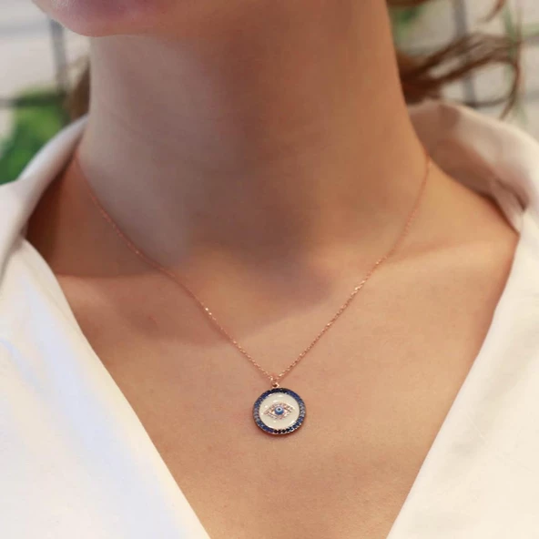 Göz Model Degrade Zirkon Taş Çerçeveli Rose Gold Kaplama Gümüş Kolye - Resim 4