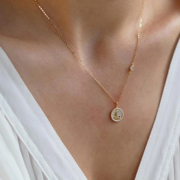 Sedef Taşlı Ay Yıldız Figürlü Gold Kaplama Gümüş Kolye - Resim 5