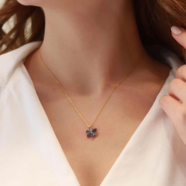 Renkli Zirkon Taşlı Gold Kaplama Çiçek Model Gümüş Kolye - Resim 2