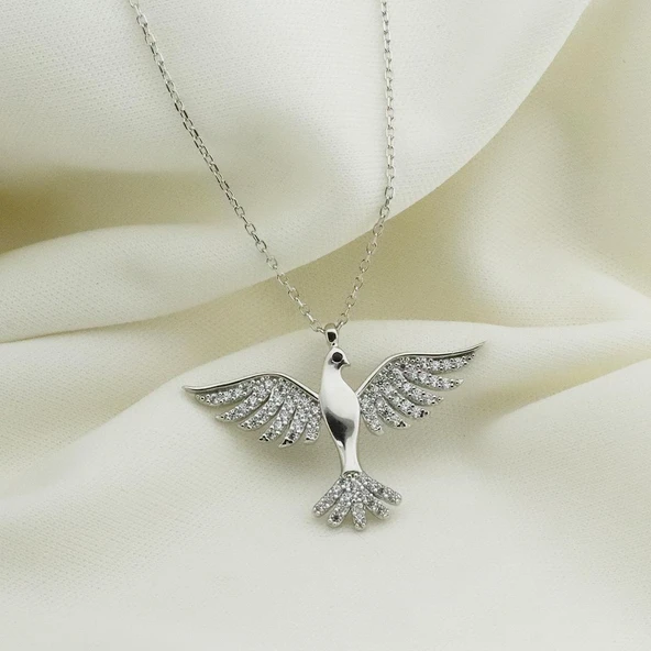 Anka Kuşlu Zirkon Taşlı Gümüş Kolye - Resim 3