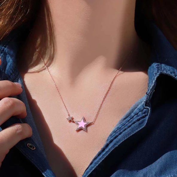 Pembe Yıldız Zirkon Taşlı Rose Gold Kaplama Mine İşli Gümüş Kolye