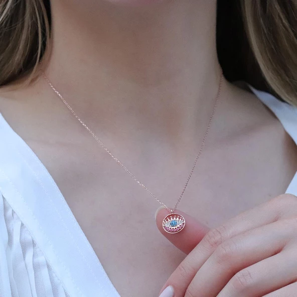 Yuvarlak Göz Modeli Zirkon Taşlı Rose Gold Kaplama Gümüş Kolye - Resim 3