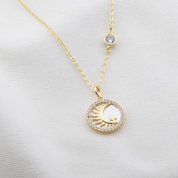 Sedef Taşlı Ay Yıldız Figürlü Gold Kaplama Gümüş Kolye - Resim 2