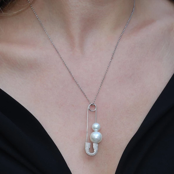 İnci İğne Zirkon Taşlı Gümüş Kolye - Resim 2