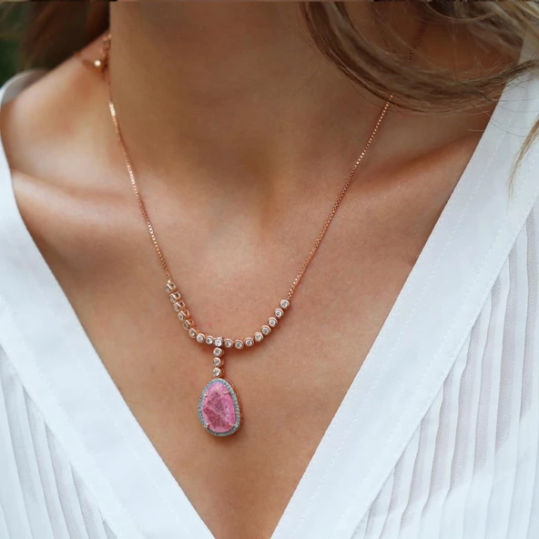 Pembe Kuvars Taşlı Asansör Zincirli Rose Gold Kaplama Gümüş Kolye - Resim 5