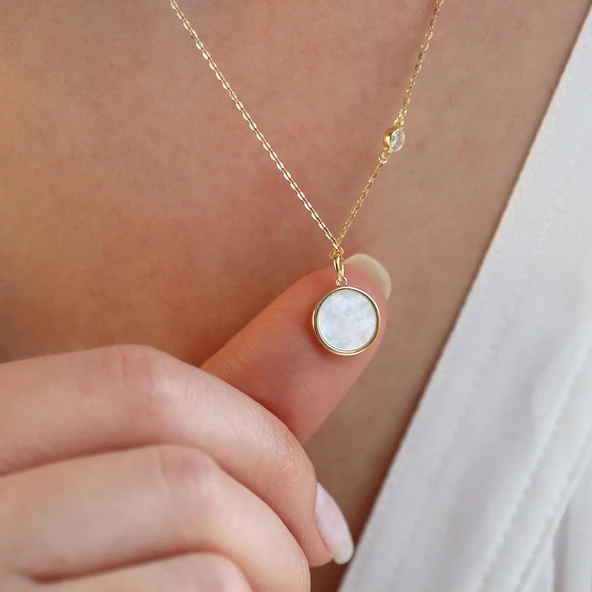 Sedef Taşlı Ay Yıldız Figürlü Gold Kaplama Gümüş Kolye - Resim 4