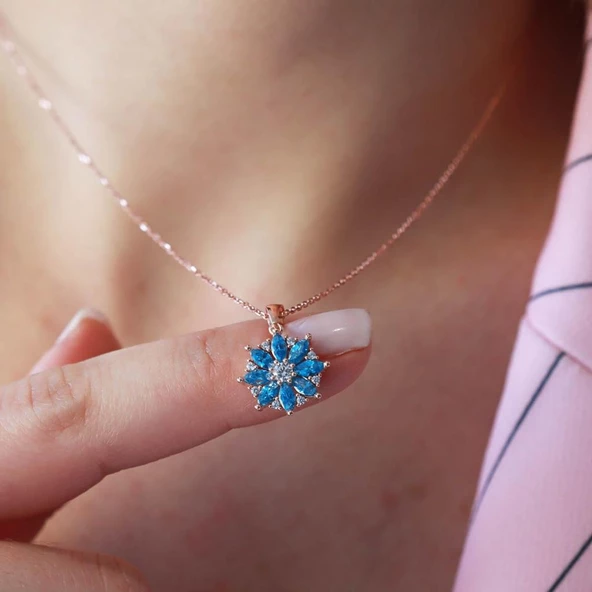 Mavi Zirkon Mini Kamelya Çiçeği Rose Gold Kaplama Gümüş Kolye - Resim 3