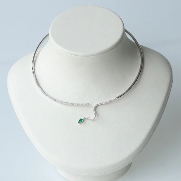 Yeşil Zirkon Taşlı Serpent Choker Gümüş Kolye - 3