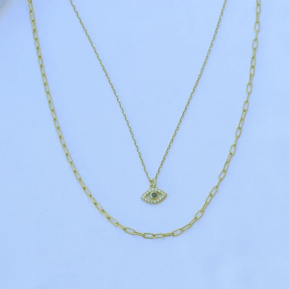 Göz Modeli 2 Zincirli Gold Kaplama Trend Gümüş Kolye - Resim 4