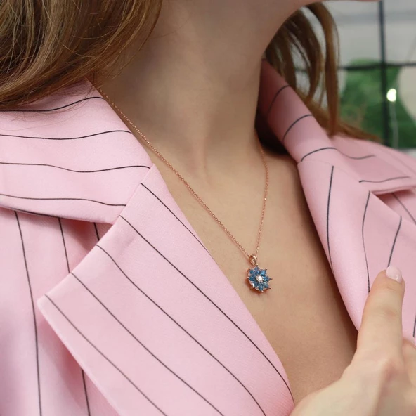 Mavi Zirkon Mini Kamelya Çiçeği Rose Gold Kaplama Gümüş Kolye - Resim 4