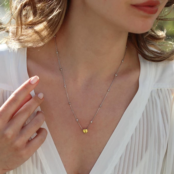 Sitrin Taşlı Sevgili Kalp Gümüş Kolye - Resim 2