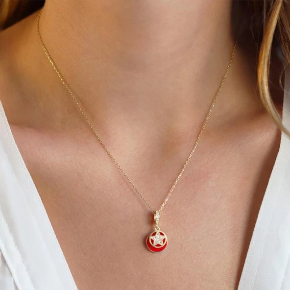 Kırmızı Mine İşli Hareketli Yıldız Gümüş Kolye ürün görseli 1