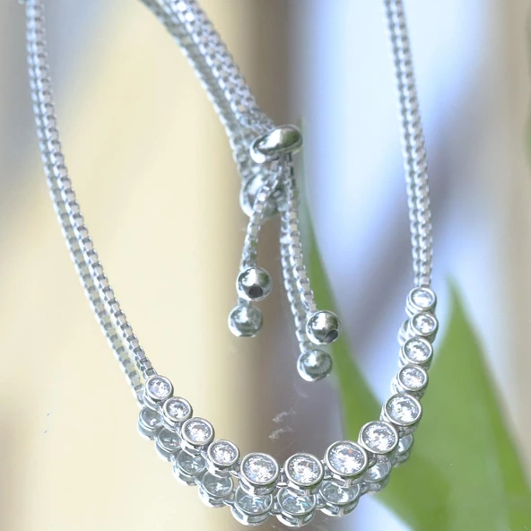 Zirkon Taşlı Sıralı Asansörlü Gümüş Kolye - Resim 2