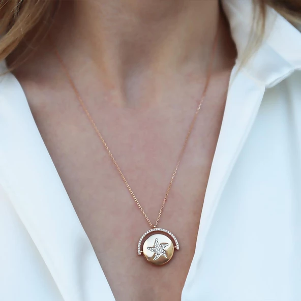 Yıldızlı Çift Taraflı Rose Gold Kaplama Gümüş Kolye - Resim 4