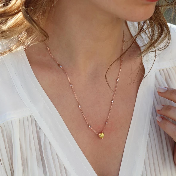 Sitrin Taşlı Rose Gold Kaplama Sevgili Kalp Gümüş Kolye - Resim 4