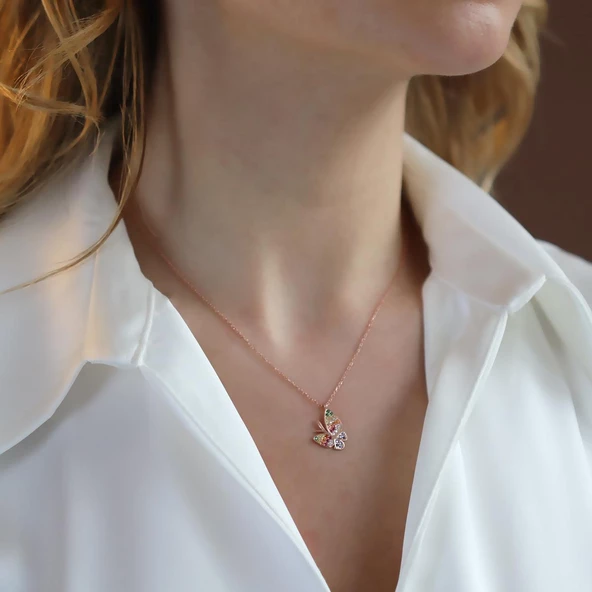 Mini Kelebek Renkli Zirkon Taşlı Rose Gold Kaplama Gümüş Kolye ürün görseli 1