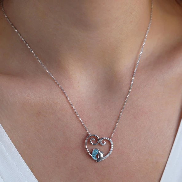 Turkuaz Taşlı Kalpli Anne Bebek Ayak İzi Gümüş Kolye - Resim 4
