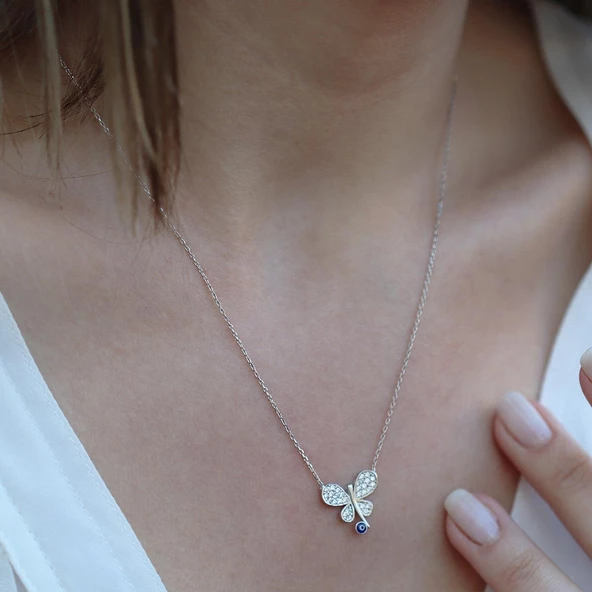 Nazar Boncuk Detaylı Kelebek Gümüş Kolye - Resim 4