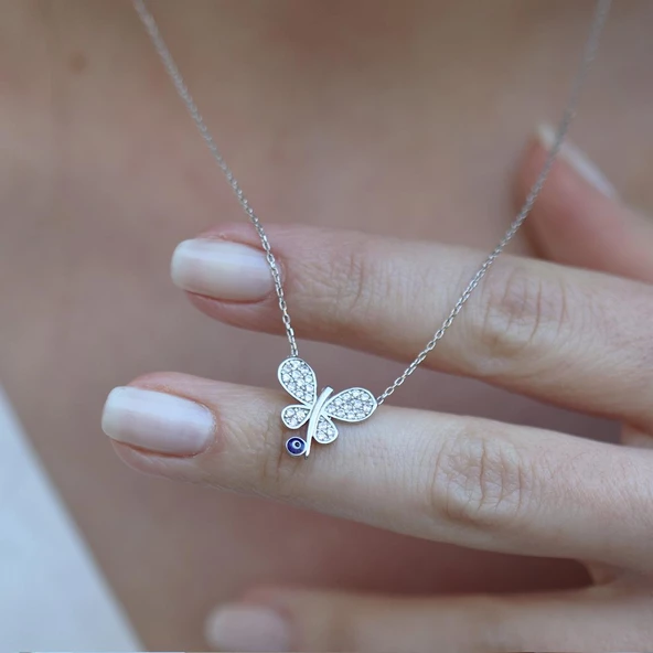 Nazar Boncuk Detaylı Kelebek Gümüş Kolye - Resim 3