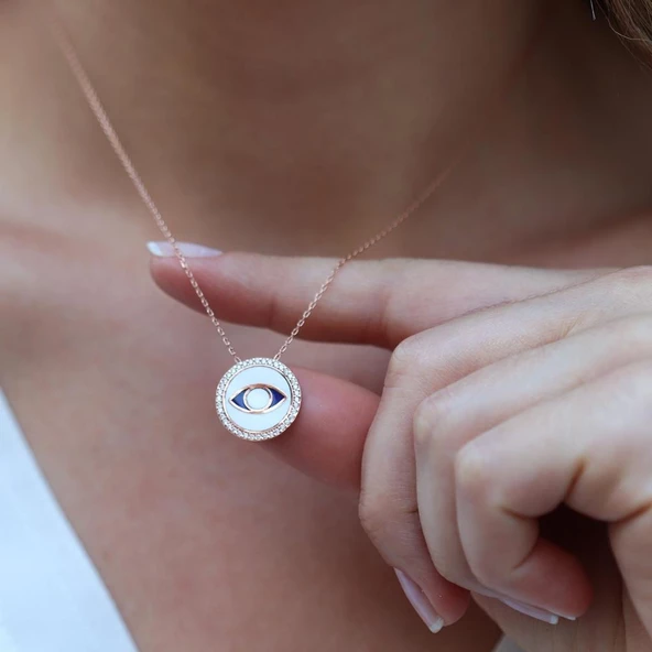 Zirkon Taşlı Mine İşli Göz Modeli Rose Gold Kaplama Gümüş Kolye - Resim 3