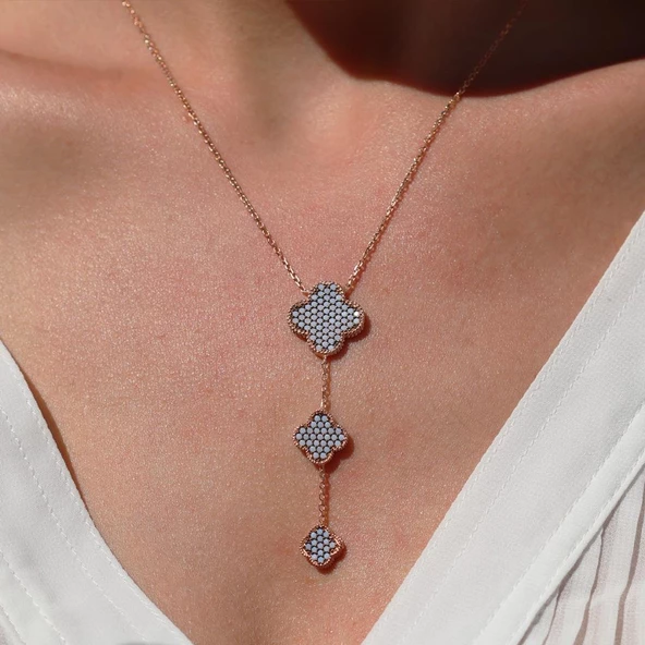 Zirkon Nano Taşlı Alhambra Yonca Rose Gold Kaplama Gümüş Kolye - Resim 3
