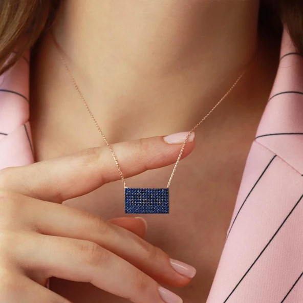 Lacivert Zirkon Taşlı Rose Gold Kaplama Dikdörtgen Gümüş Kolye ürün görseli 1