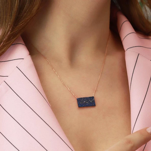 Lacivert Zirkon Taşlı Rose Gold Kaplama Dikdörtgen Gümüş Kolye - Resim 2