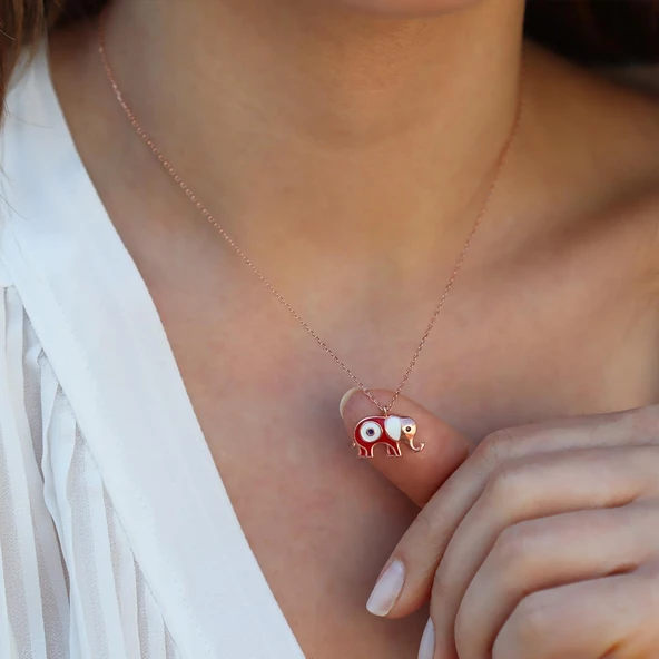 Kırmızı Mine İşli Rose Gold Kaplama Bereket Fili Gümüş Kolye - Resim 3