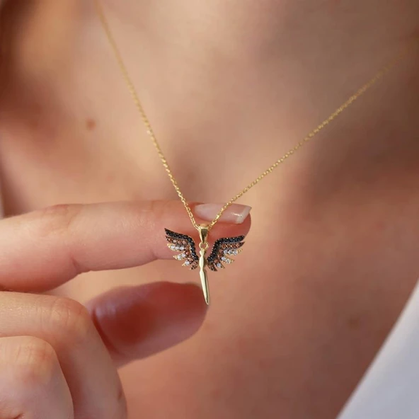 Mikail Meleği Zirkon Taşlı Gold Kaplama Gümüş Kolye - Resim 3