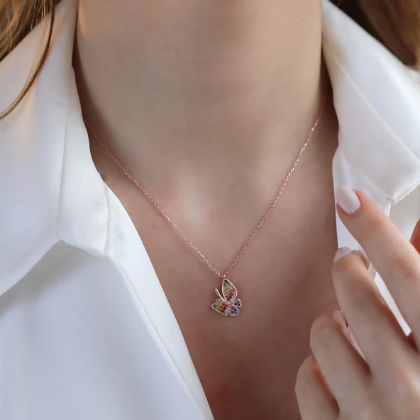 Mini Kelebek Renkli Zirkon Taşlı Rose Gold Kaplama Gümüş Kolye - Resim 2