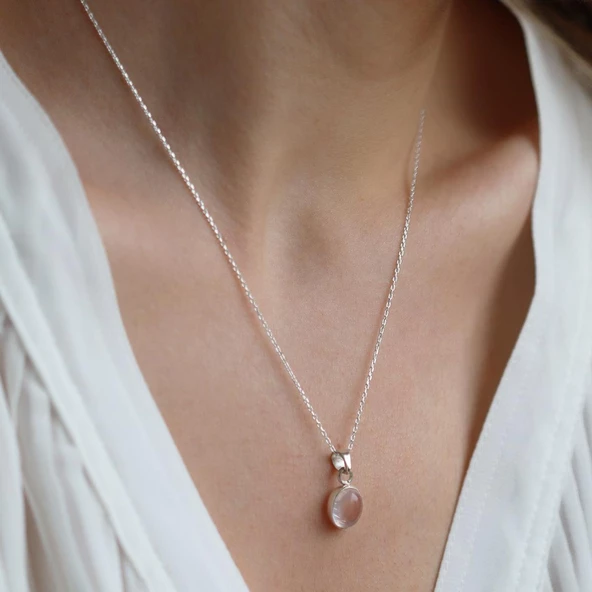 Pembe Kuvars Doğal Taş Gümüş Kolye - Resim 4