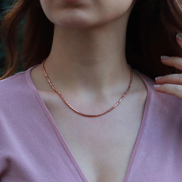 Rose Gold Kaplama Silindir Gümüş Zincir - Resim 2