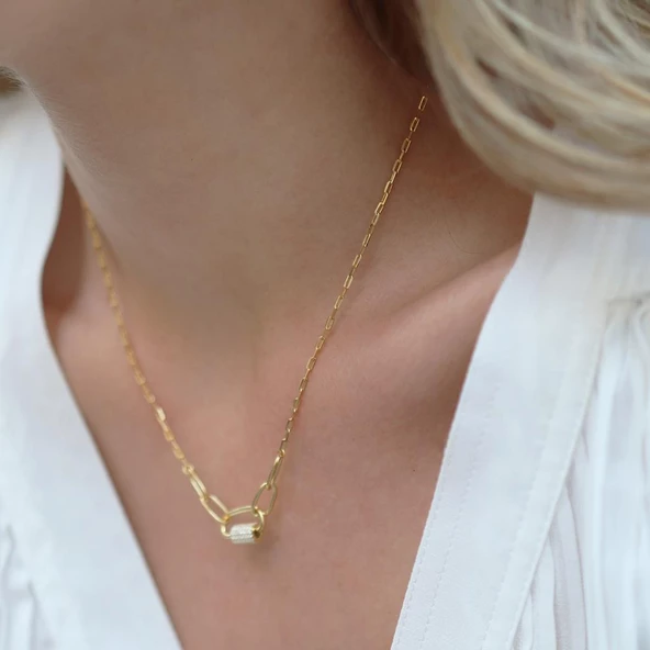 Önden Klipsli 925 Ayar Gold Gümüş Kolye - Resim 3