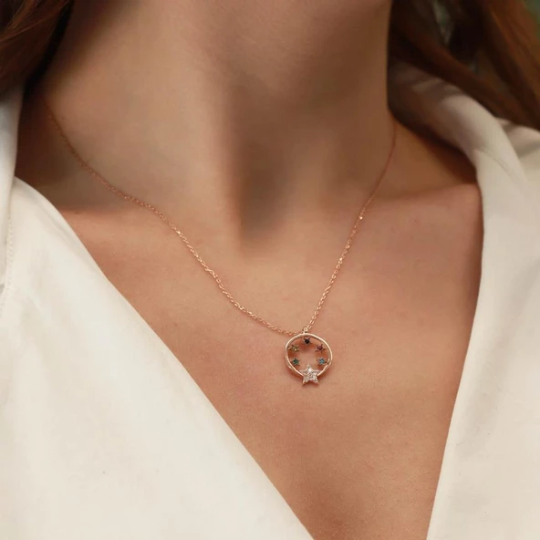 Yıldız Hilal Renkli Zirkon Taşlı Rose Gold Kaplama Gümüş kolye - Resim 2