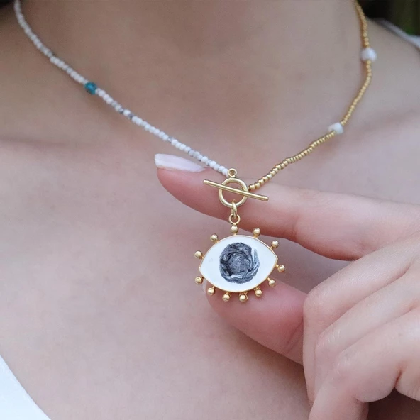 Mine İşli Göz Modeli Gold Kaplama Doğaltaşlı Gümüş Kolye - Resim 4