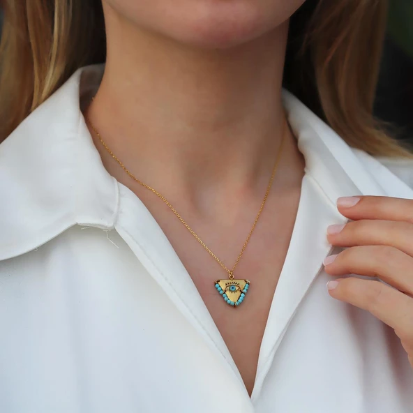 Turkuaz Taşlı Gold Kaplama Tılsım Kolye ürün görseli 1