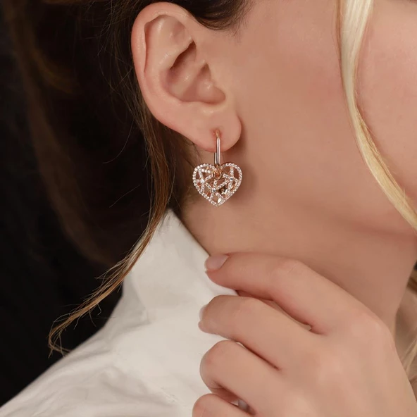 Kalp Tasarım Zirkon Taşlı Rose Gold Kaplama Gümüş Küpe - Resim 2