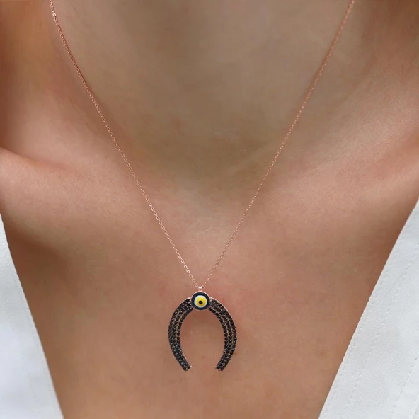 Şans Nalı Nazar Boncuklu Rose Gold Kaplama Gümüş Kolye - Resim 2