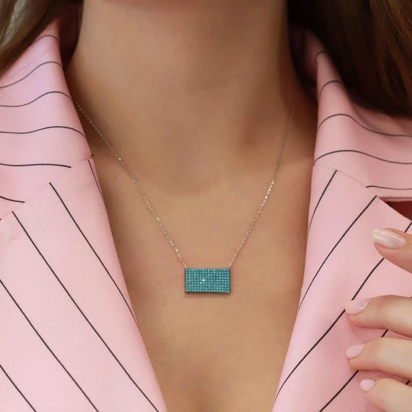 Turkuaz Taşlı Dikdörtgen Gümüş Kolye - Resim 2