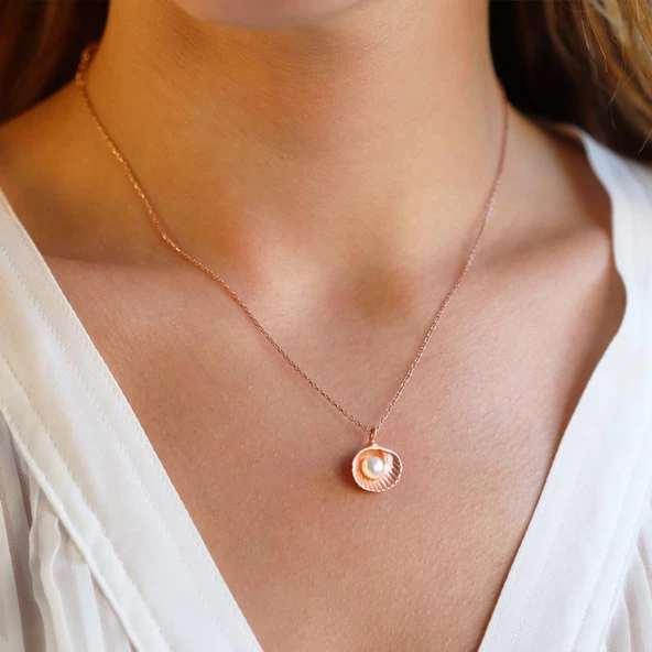İstiridye İnci Rose Gold Kaplama Gümüş Kolye ürün görseli 1