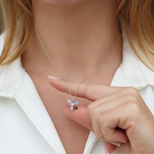 Renkli Zirkon Taşlı Çiçek Gümüş Kolye - Resim 2