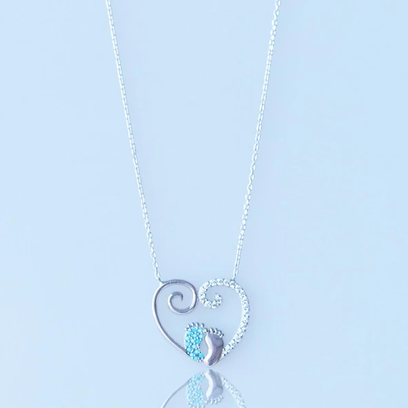 Turkuaz Taşlı Kalpli Anne Bebek Ayak İzi Gümüş Kolye - Resim 2
