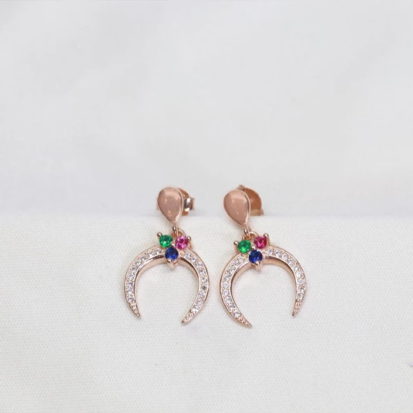 Rose Gold Kaplama Renkli Zirkon Taşlı Ay Modeli Gümüş Küpe - Resim 2