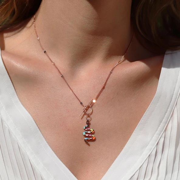 Renkli Mine İşli Önden Klipsli Rose Gold Kaplama Yılan Gümüş Kolye