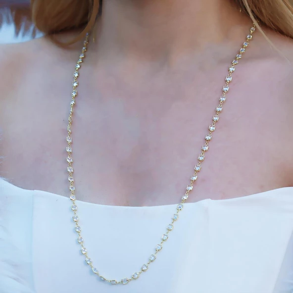 Kare Taş Sıralı Gold Kaplama Gümüş Kolye - Resim 3