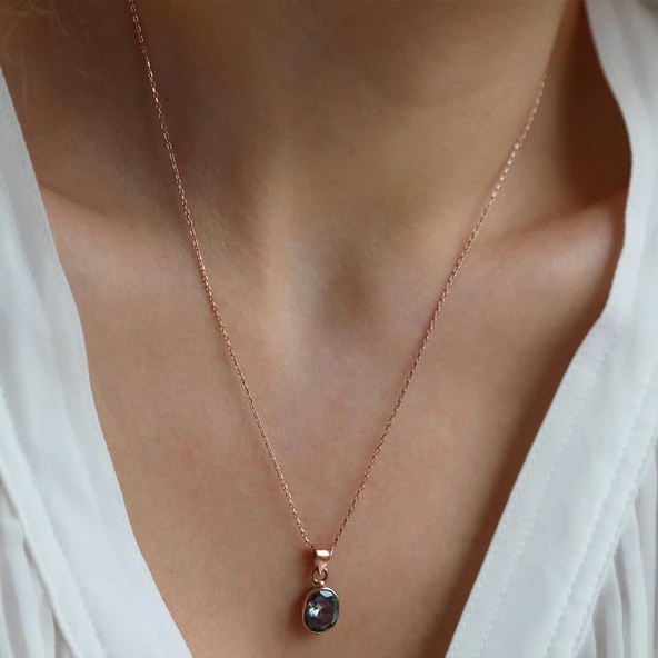 Doğal Mistik Topaz Taş Rose Gold Kaplama Gümüş Kolye - Resim 3
