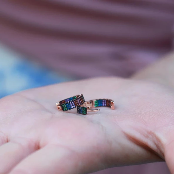Renkli Zirkon Taşlı Rose Gold Kaplama Gümüş Küpe - Resim 2