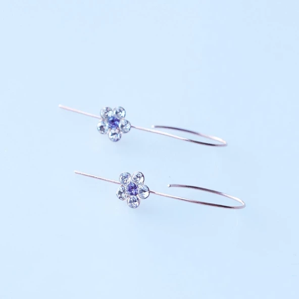 Çiçek Swarovski Taşlı Rose Gold Kaplama Gümüş Çengel Küpe - Resim 4