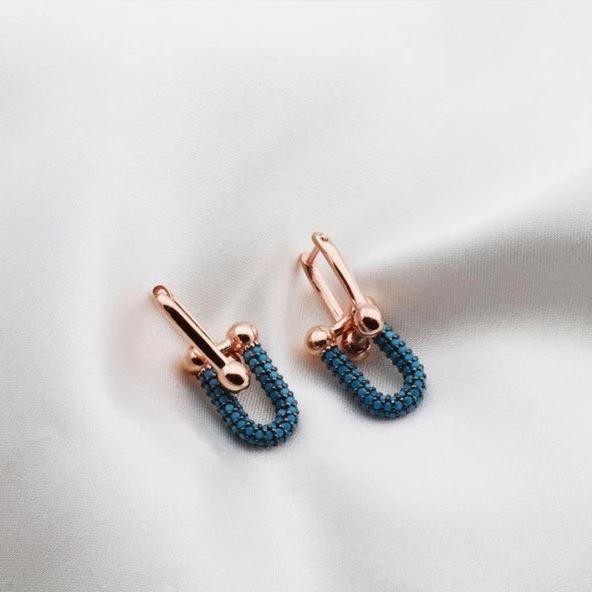 Turkuaz Taşlı Tif Model Rose Gold Kaplama Gümüş Küpe ürün görseli 1