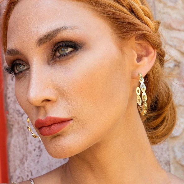 Peridot Taşlı Mekik Modeli Gold Kaplama Gümüş Halka Küpe - Resim 3